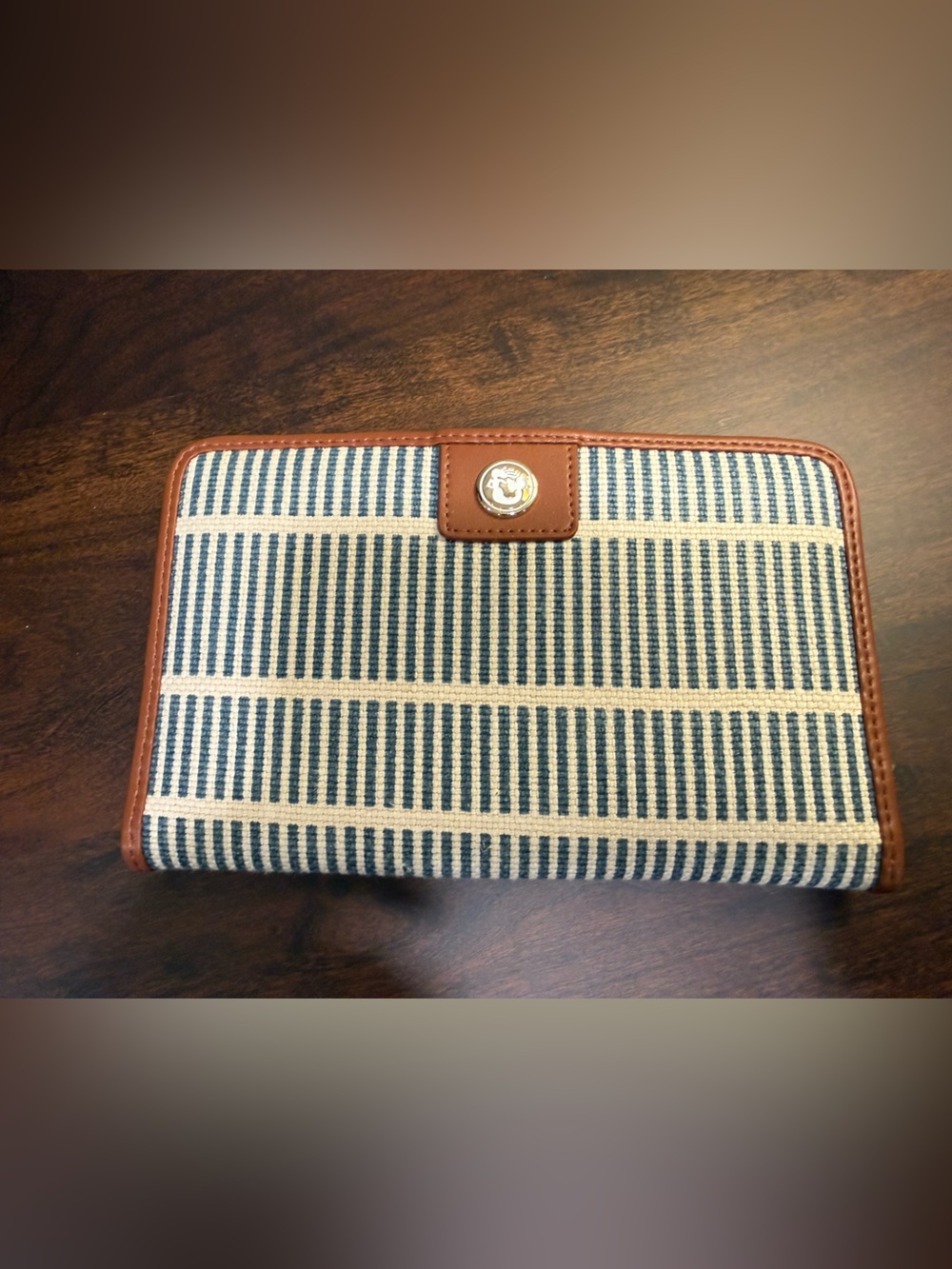 Spartina 449 Navy and Tan Striped Canvas Wallet with Leather Accent